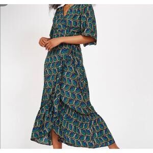 Silk + Salt Journey Wrap Maxi Dress Sz L Peacock Print Boho Lightweight EUC